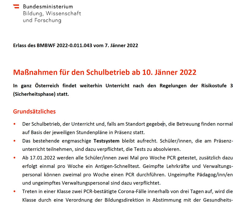 Maßnahmen für den Schulbetrieb ab 10. Jänner 2022